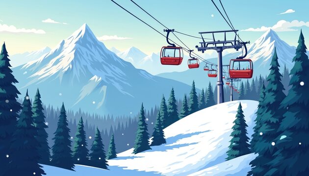 Flat cartoon illustration of cableway in mountains. Funicular with red cabins, ropeway, cable car at ski resort. Winter scenery with fir forest and snow slope.