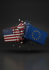 Exploding shipping containers with US and EU flags, representing international trade conflicts and economic disputes.