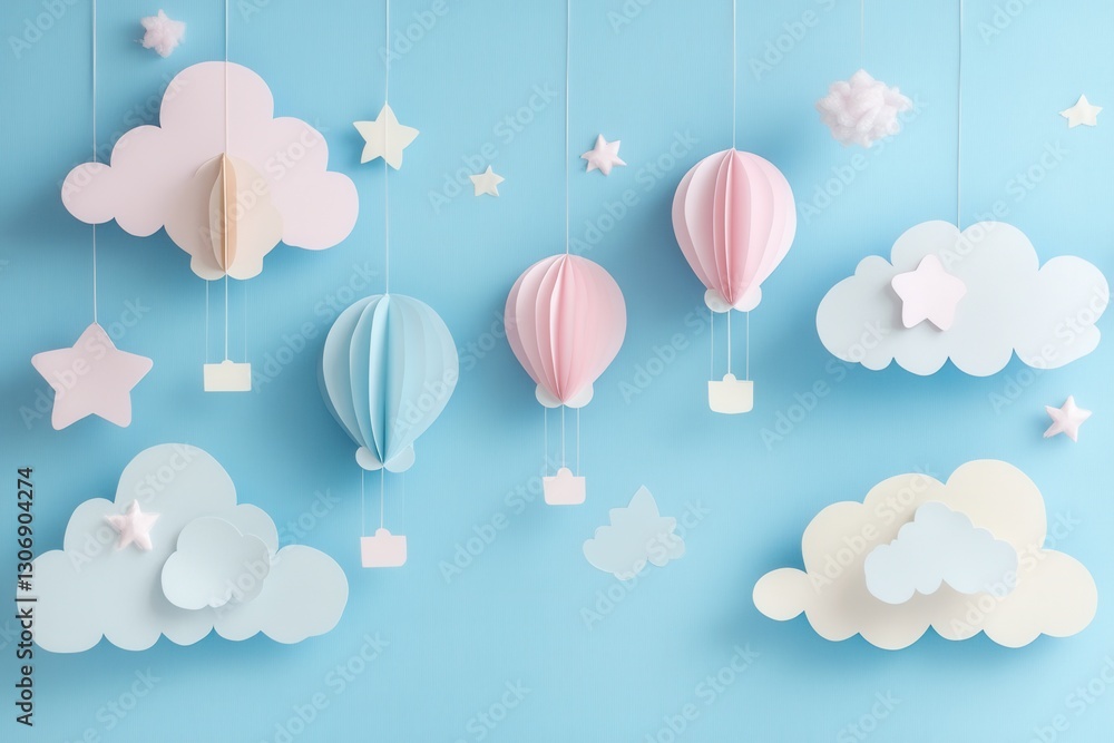 Aufkleber Whimsical paper art background with clouds, balloons, and stars creating a dreamy atmosphere for design projects Generative AI