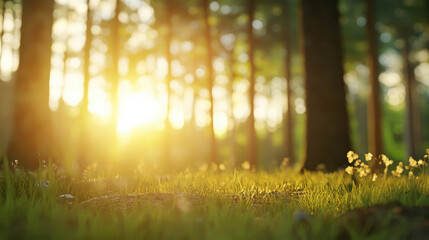 Fototapeta premium Sunlit forest clearing with soft rays and vibrant greenery in summertime