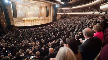 Large audience attending an elegant and prestigious awards night ceremony in theater