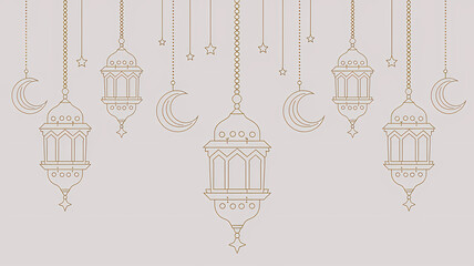 Fototapeta premium Arabic Traditional Ramadan Kareem Lanterns with Hanging Stars, Moon in Golden Oriental Style featuring intricate Islamic patterns glowing lights, a festive ambiance symbolizing the spirit of Ramadan