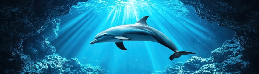 Obraz premium Dolphin Swimming Gracefully in Deep Blue Sea Light with Diver Exploring Underwater Scene