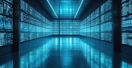 High tech research facility wall of inactive data screens casting faint reflections metallic floor futuristic laboratory