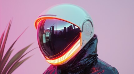 Person wearing a futuristic helmet with a futuristic design. the helmet is white and has a large visor that covers the entire face.