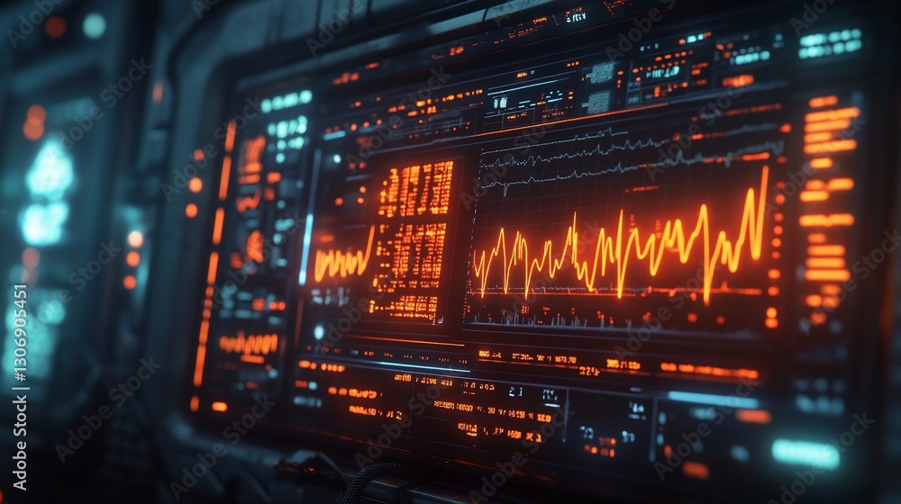 Poster glowing data display in a dark futuristic panel shows waveform information