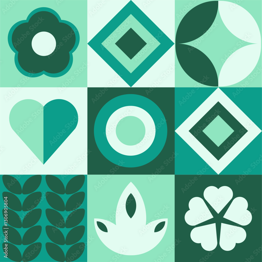 Poster geometric card with simple geometric shapes and figures and symbols. retro set with forms and flower
