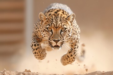 Fototapeta premium Leopard in Stuntman Suit Performing Extraordinary Jumping Stunt in Desert Environment