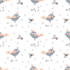 Seamless pattern, cute gray-pink birds, flowers and leaves on a white background. Baby print, baby textile, bedroom decor