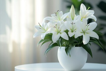 White lilies blooming in a white vase on a table