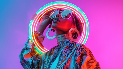 Portrait of a young woman with a futuristic and edgy look. she is wearing a colorful outfit with a zigzag pattern and large hoop earrings.