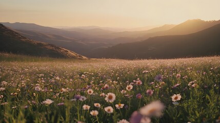 a peaceful meadow covered in wildflowers, stretching towards the horizon.