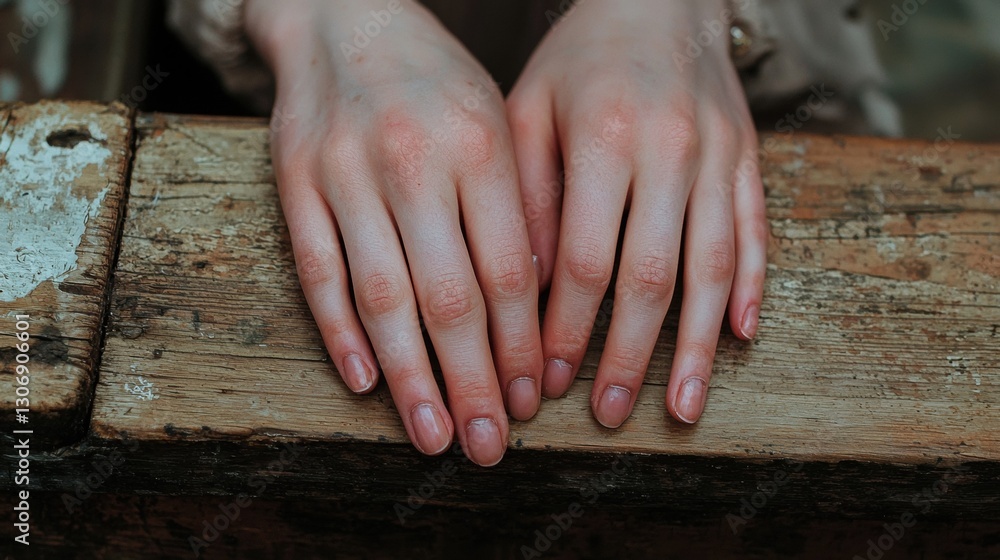 Poster pair of hands resting on a wooden surface. the hands are positioned in a way that the fingers are sl