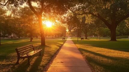 A quiet city park at sunset during the summer, with the warm orange glow of the setting sun casting long shadows across the grass and peaceful benches along the walkways.