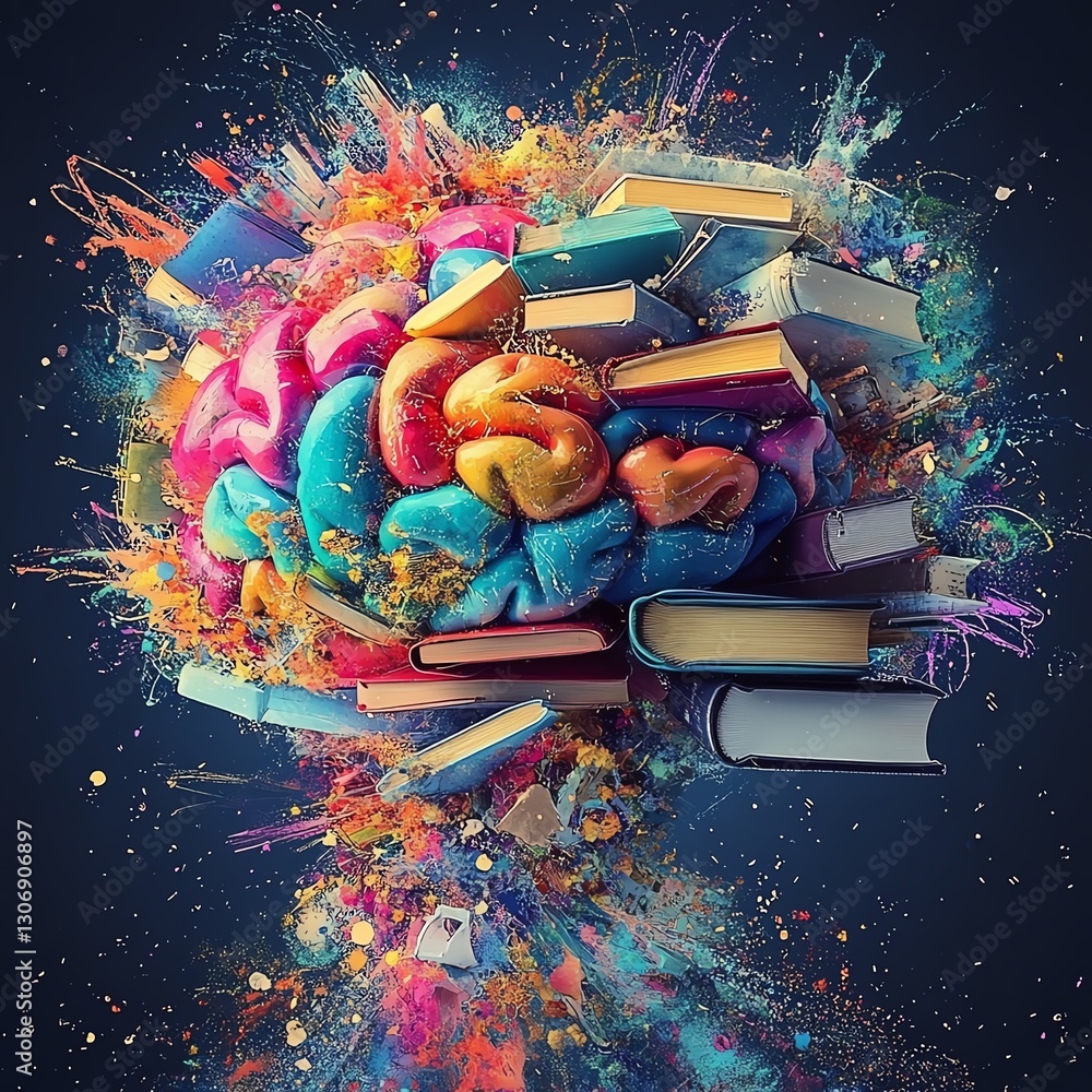 Poster a dynamic illustration of an open brain made from books and stationery, symbolizing education and kn
