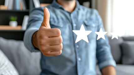 Person Giving Thumbs Up with Stars in Background for Rating Concept