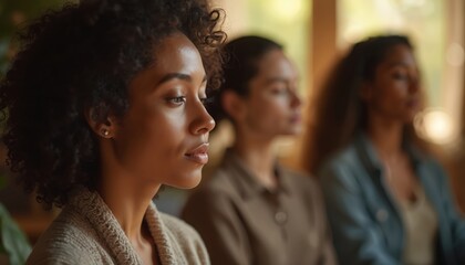 Obraz premium Close-up of three diverse women meditating. Diverse attendees imagining peace with closed eyes in guided session at wellness center. Transgender therapist leading visualization. Mental health concept.