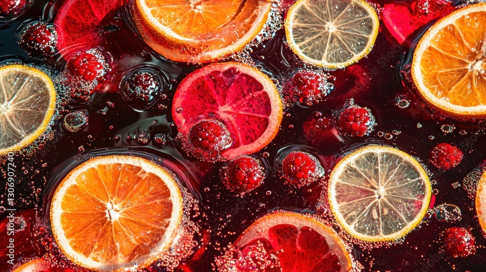 Fototapete close-up of a group of sliced oranges and lemons floating in a dark red liquid. the oranges are arra