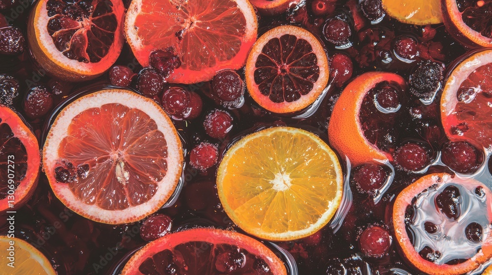Fototapete close-up of a group of sliced oranges and cranberries. the oranges are arranged in a circular patter