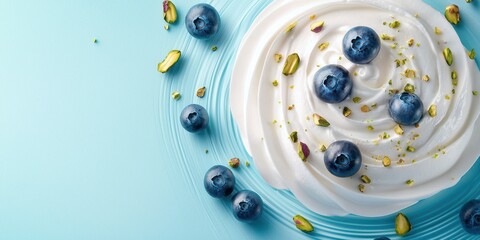 Floating swirl of probiotic kefir yogurt with blueberries and pistachios on a pastel blue background