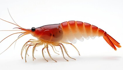 Full body shot of krill on white background. Seafood crustacean has prawn like form, red color, long antennae. Perfect isolated animal for culinary or marine biology visual.