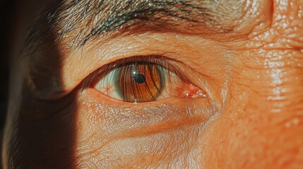 Close-up of a person's eye. the eye is the focal point of the image, with the iris and pupil clearly visible. the iris is a deep brown color, and the pupil is a lighter shade of brown.