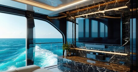 Luxury yacht sleek modern tv turned off mounted marble wall reflecting turquoise ocean waves outside panoramic windows