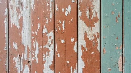 Obraz premium Close-up of a wooden surface with peeling paint. the paint is in various shades of pink, orange, and white, with some areas of the paint chipping away in some areas.
