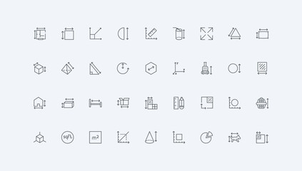 Isometric arrows with scales, square and room area thin black outline symbols vector illustration. Dimension arrows and ruler to measure circle diameter, width and height, depth line icon set