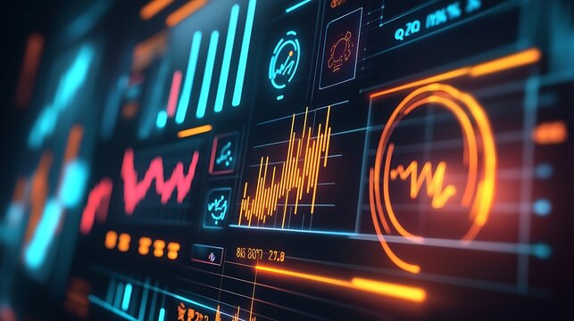 Digital marketing performance report with glowing graphs and icons