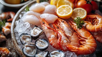 Assorted raw seafood including prawns, squid, and salmon arranged neatly on ice