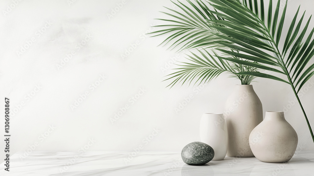 Aufkleber marble table with beige and white vases, palm leaves, and a gray stone, creating a minimalist, seren
