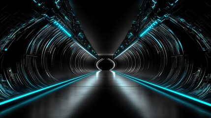 A high-tech futuristic tunnel with sleek metallic surfaces and glowing blue neon lights. A sci-fi digital environment with a cyberpunk aesthetic and deep perspective.  
