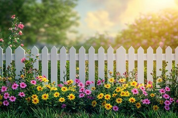 A white picket fence in a beautiful sunny garden setting