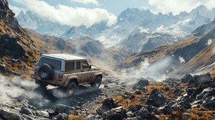 A rugged off-road vehicle navigates a rocky mountain trail surrounded by majestic peaks and clouds on a clear day.