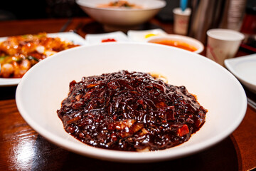 Jajangmyeon - Korean Chinese pork and vegetables in black bean paste noodles