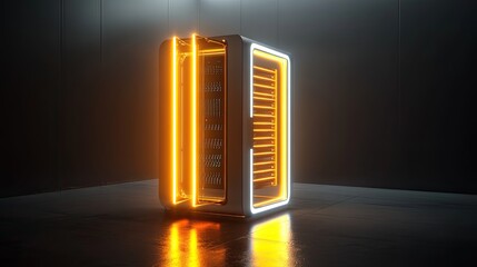 Futuristic server cabinet, neon lights, dark room. Data center concept