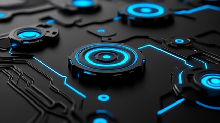 A high-tech futuristic circuit board with glowing blue neon elements, featuring intricate mechanical and digital details, representing advanced technology and cyber innovation.  
