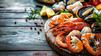 Fresh seafood platter served on rustic wooden table
