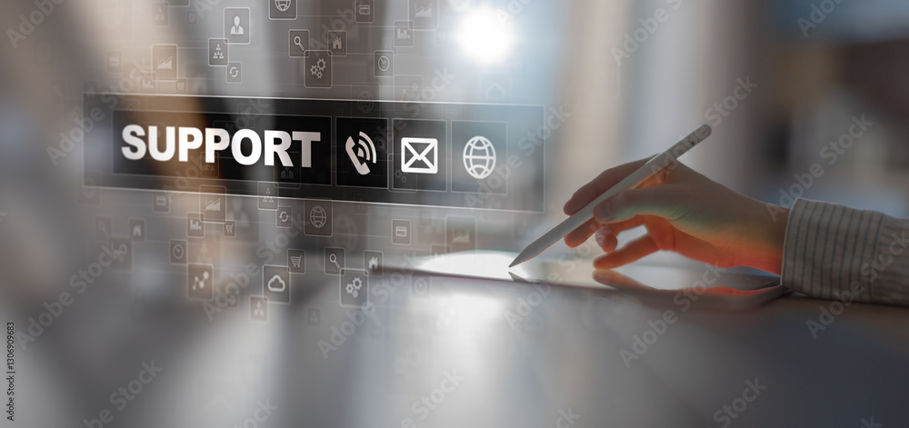 Poster customer support and communication services displayed on a digital interface.
