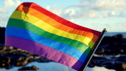 Rainbow flag waving proudly in the wind by the sea, celebrating pride month and symbolizing freedom, respect, and equality for the vibrant LGBTQ plus community