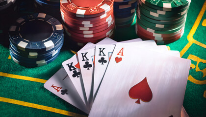 Obraz premium Close-up cards for playing poker on a gaming table in a casino against a background of chips