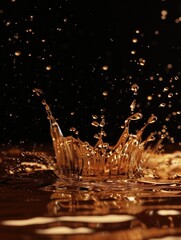Liquid amber explosion, a moment captured in dynamic golden droplets