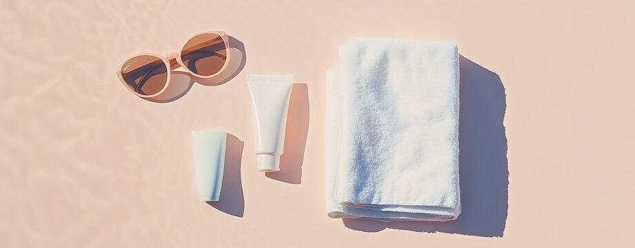 Stylish summer essentials on a pastel background: sunglasses, towel, and skincare items.