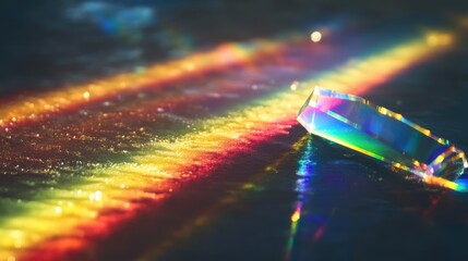 Prism refracting light, rainbow spectrum, dark background, abstract art