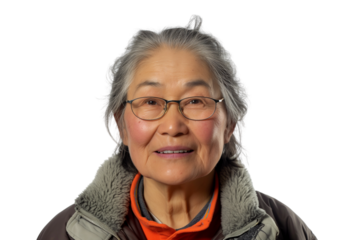 Confident middle-aged Inuit woman park ranger in fleece jacket isolated on transparent white background