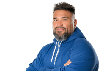 Relaxed young Samoan male rugby coach in tracksuit isolated on transparent white background
