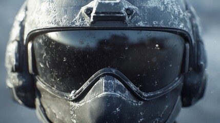 A close-up of a military helmet with tactical goggles, sleek and protective, ultra-detailed, 8k