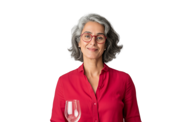 Skeptical middle-aged Chilean female wine critic holding glass isolated on transparent white background