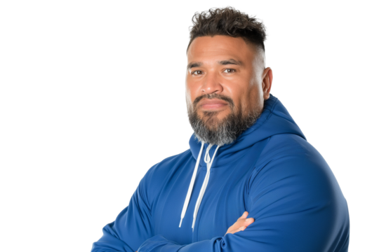 Relaxed young Samoan male rugby coach in tracksuit isolated on transparent white background